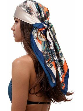 Women's Beige Navy Printed Square Scarf Bandanas Hair Scarf 35 Inches